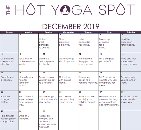 December Kindness Calendar The Hot Yoga Spot